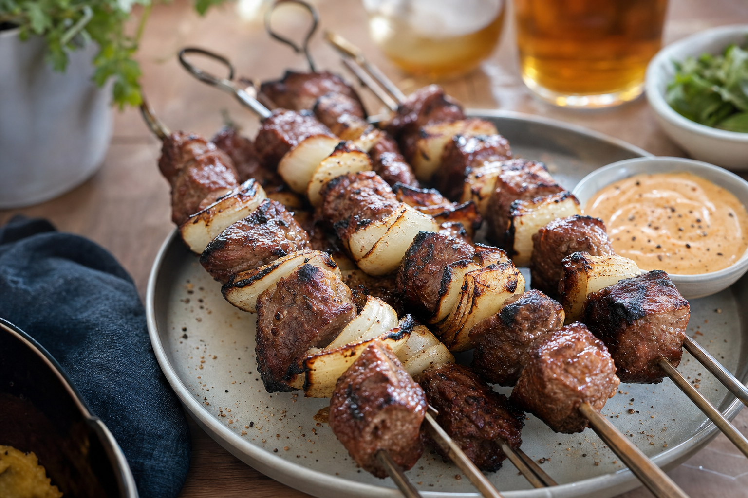 Roadside Onion Beef Skewers with Comeback Sauce