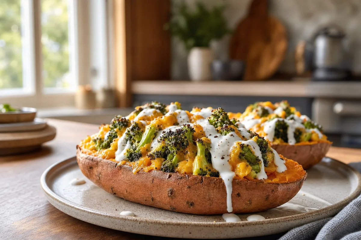 Roasted Broccoli and Cheddar Stuffed Sweet Potatoes