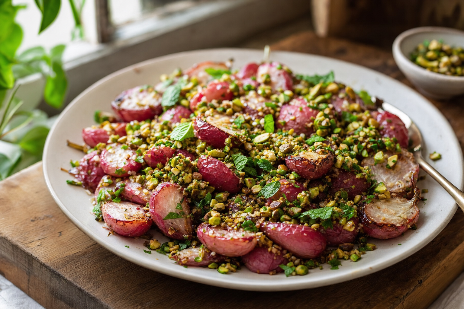 Roasted Radishes with Pistachio Herb Crumble