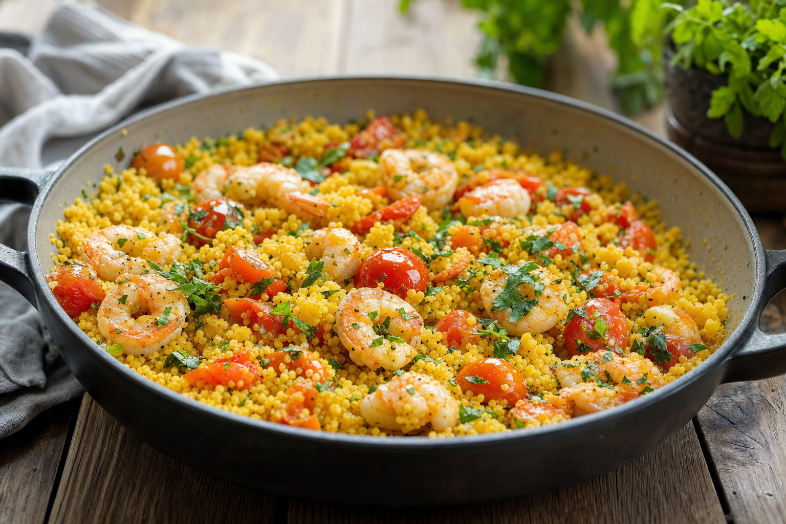 Saffron Tomato Shrimp Couscous Skillet