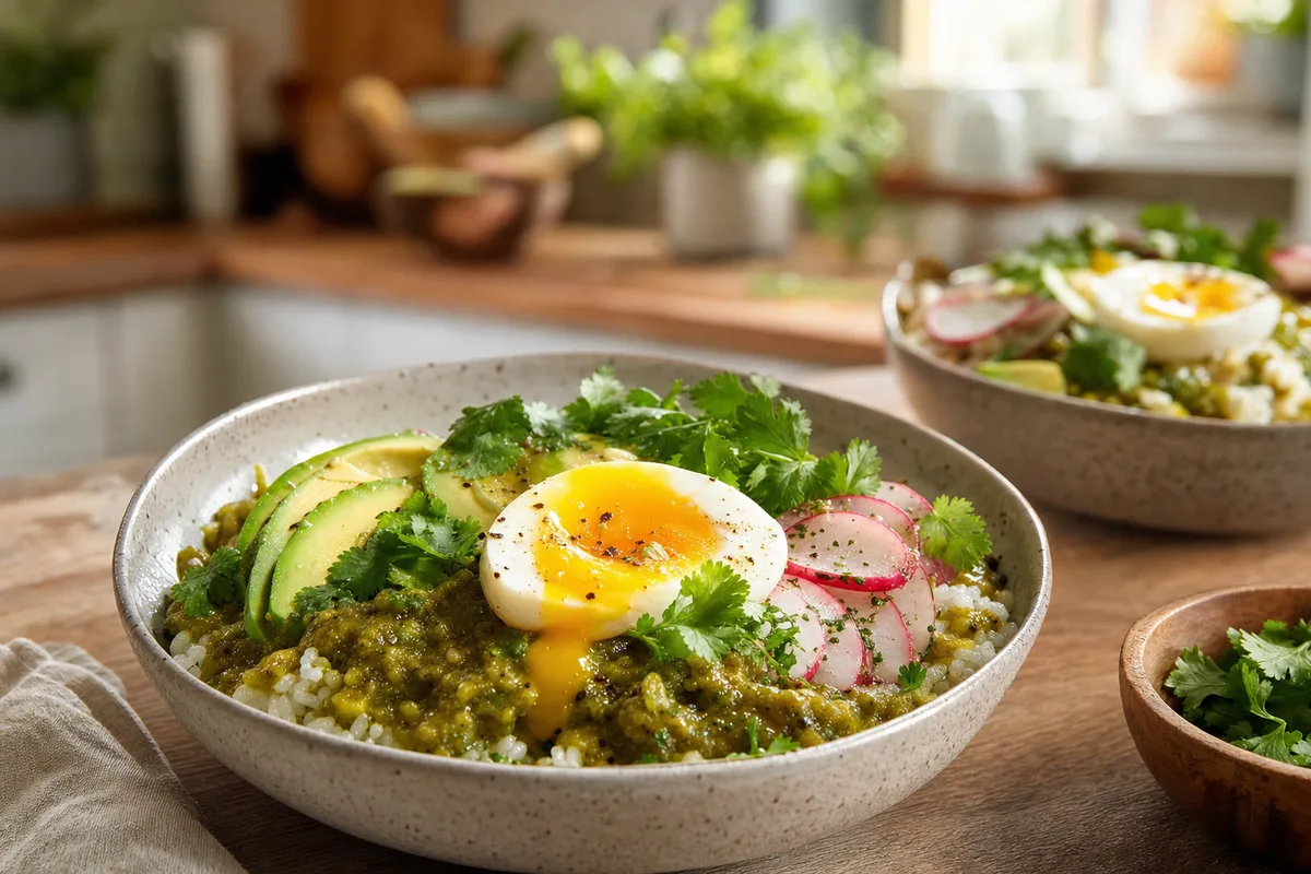 Salsa Verde Breakfast Rice Bowls with Jammy Eggs