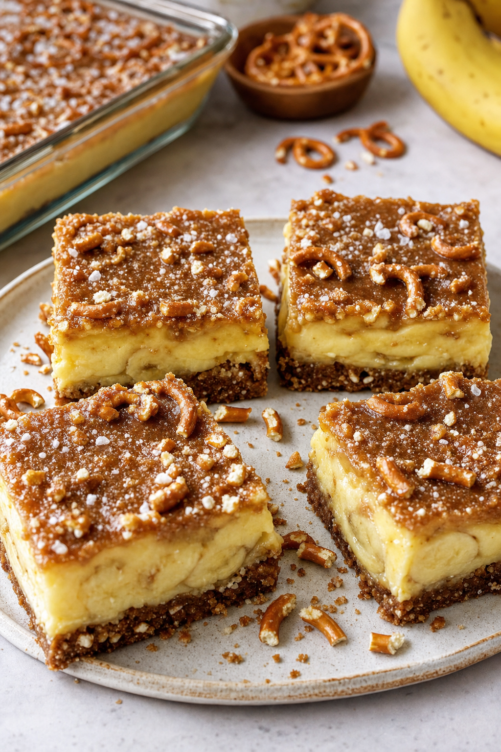 Salted Pretzel Banana Custard Squares