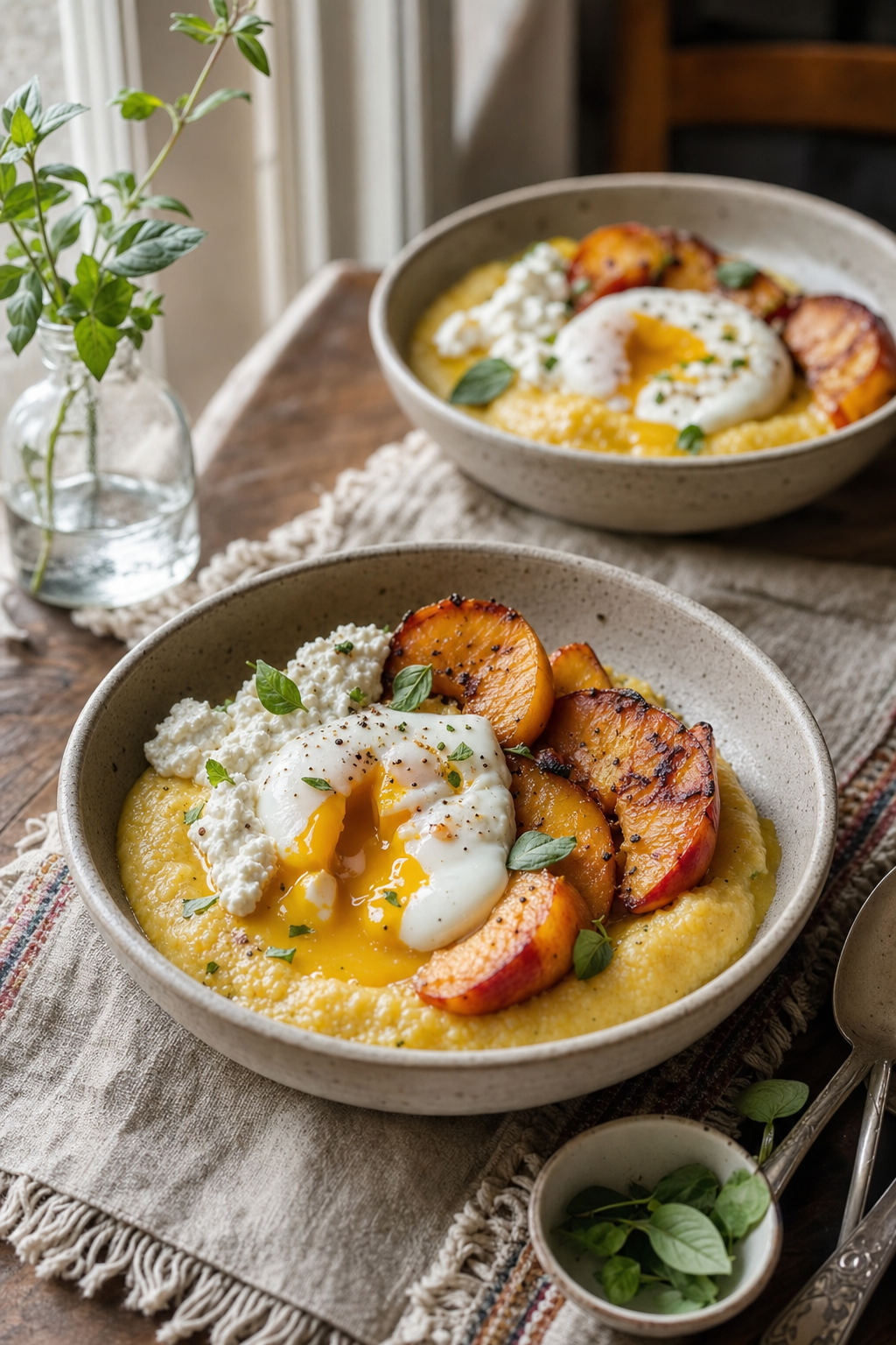 Savory Cornmeal Peach Breakfast Bowls
