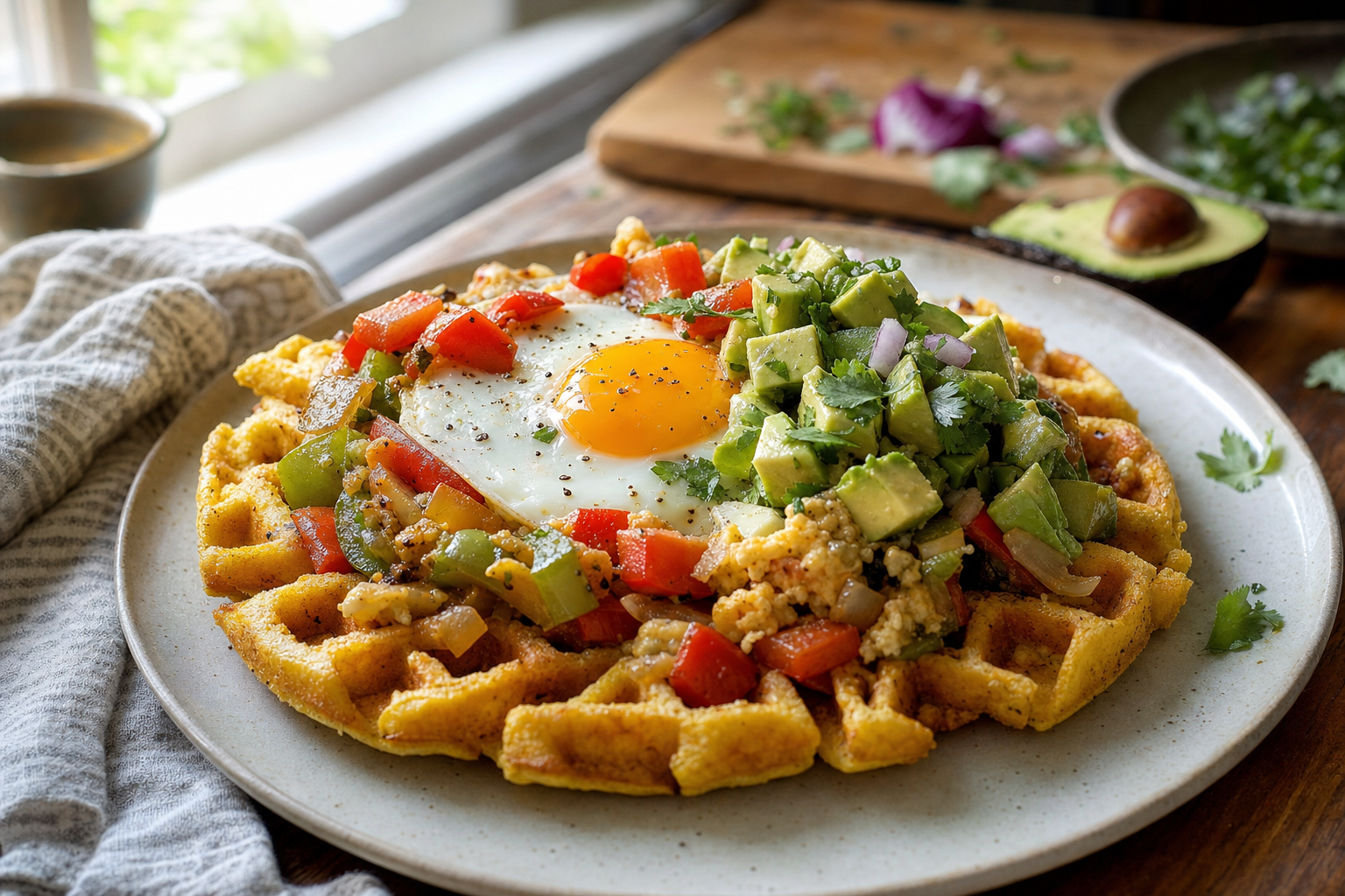 Savory Cornmeal Waffle Hash with Avocado Salsa