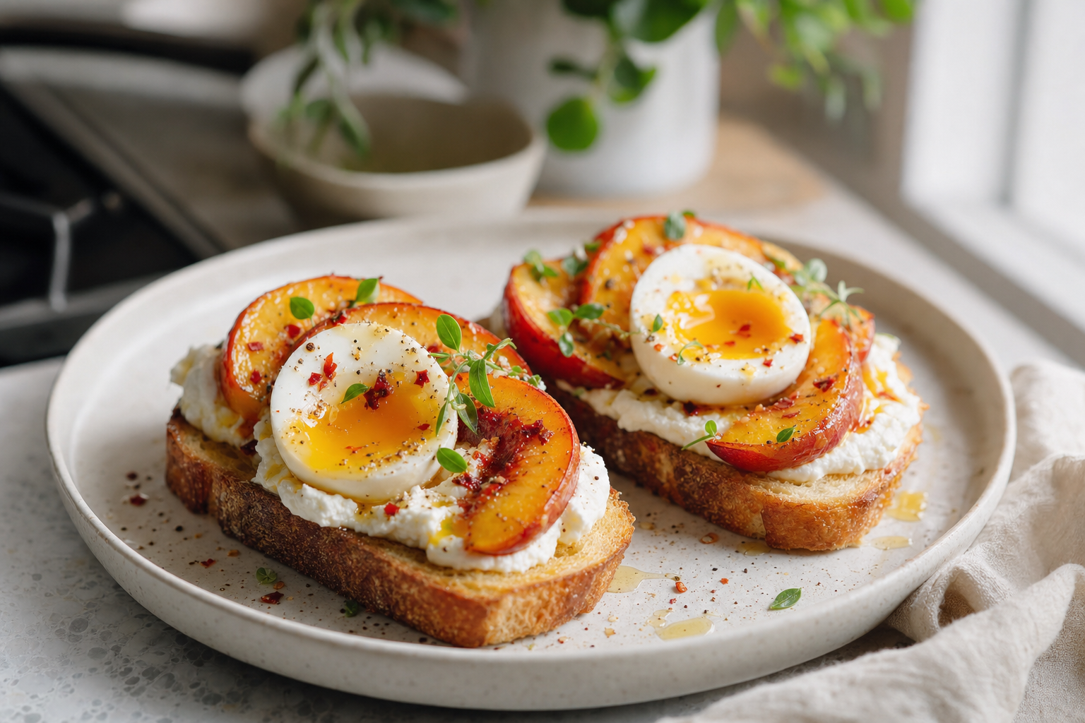 Savory Peach and Ricotta Egg Toasts