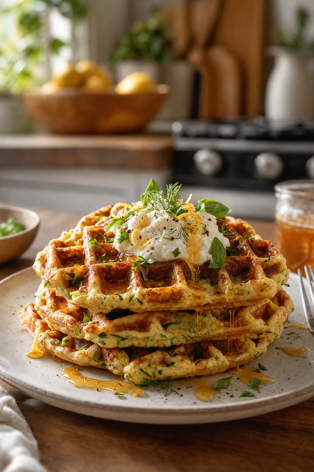 Savory Zucchini Ricotta Waffles with Hot Honey