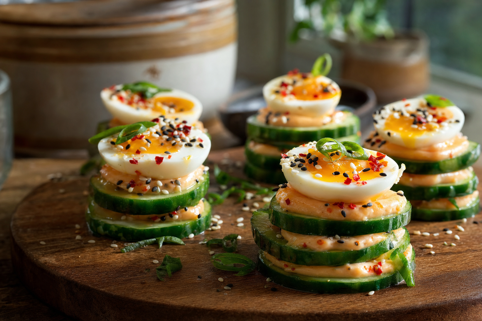 Sesame Egg Cucumber Snack Stacks