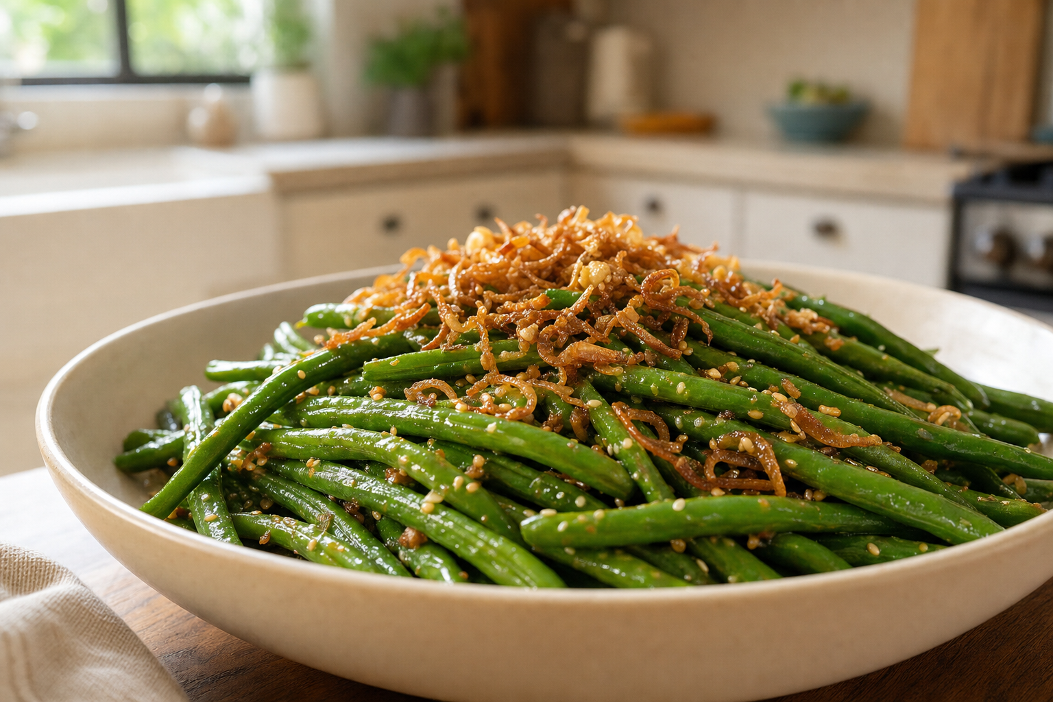Sesame Garlic Green Beans with Crispy Shallots
