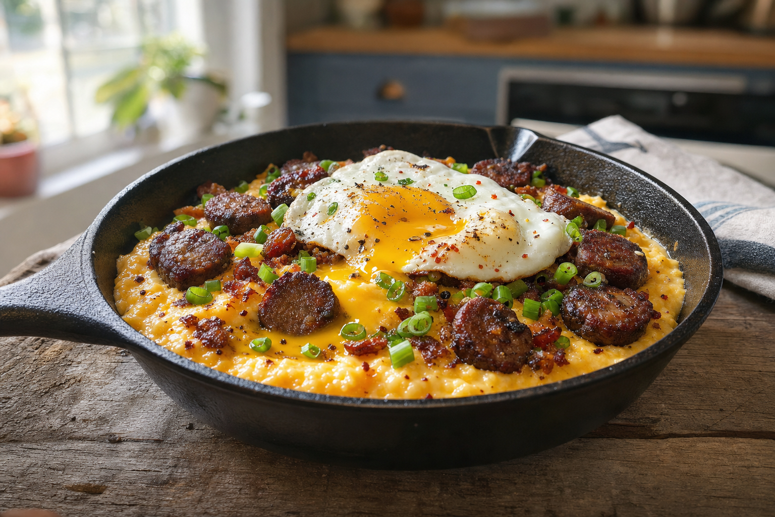 Skillet Cheddar Grits with Crispy Sausage