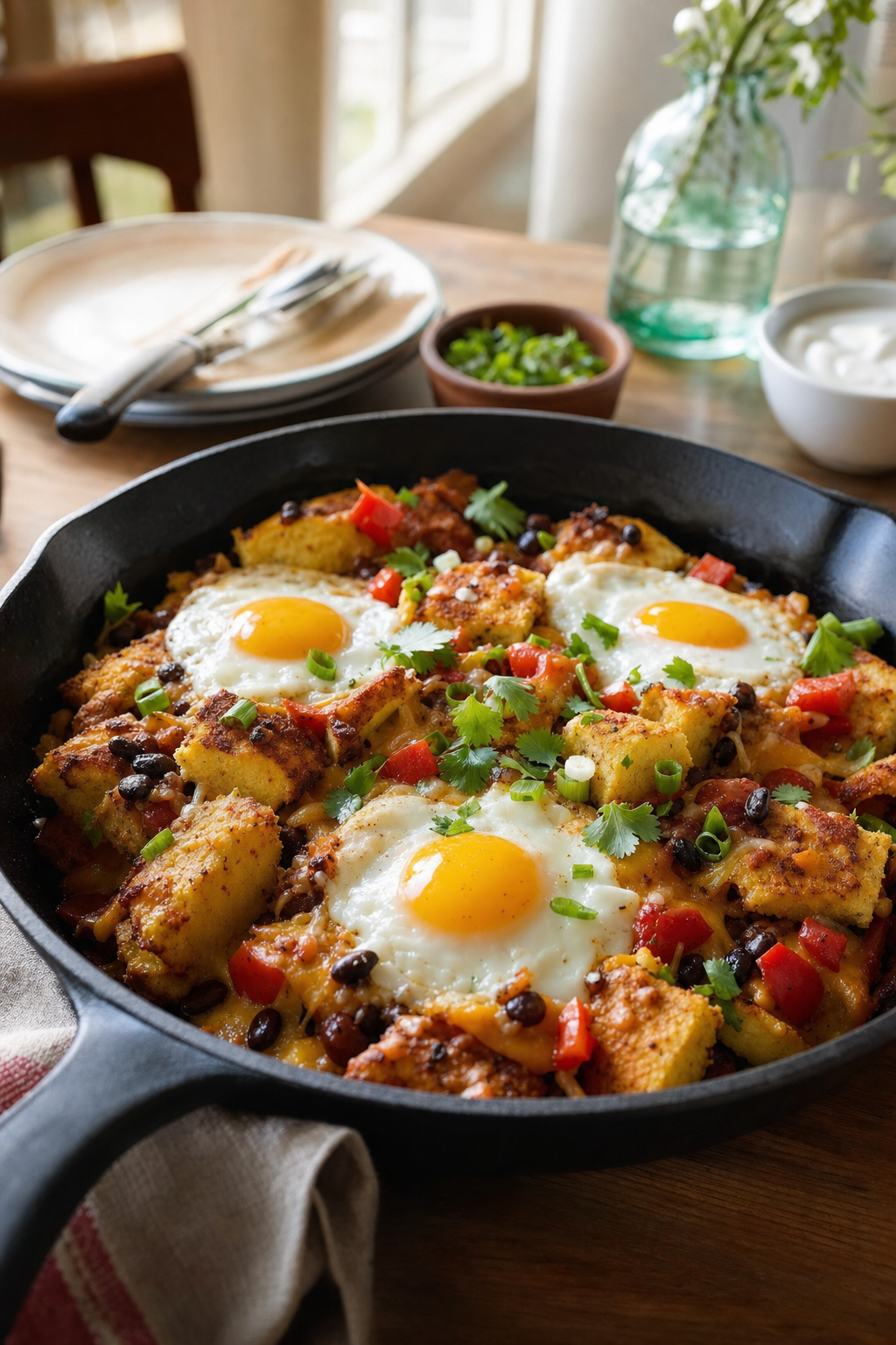 Skillet Cornbread Breakfast Nachos with Eggs