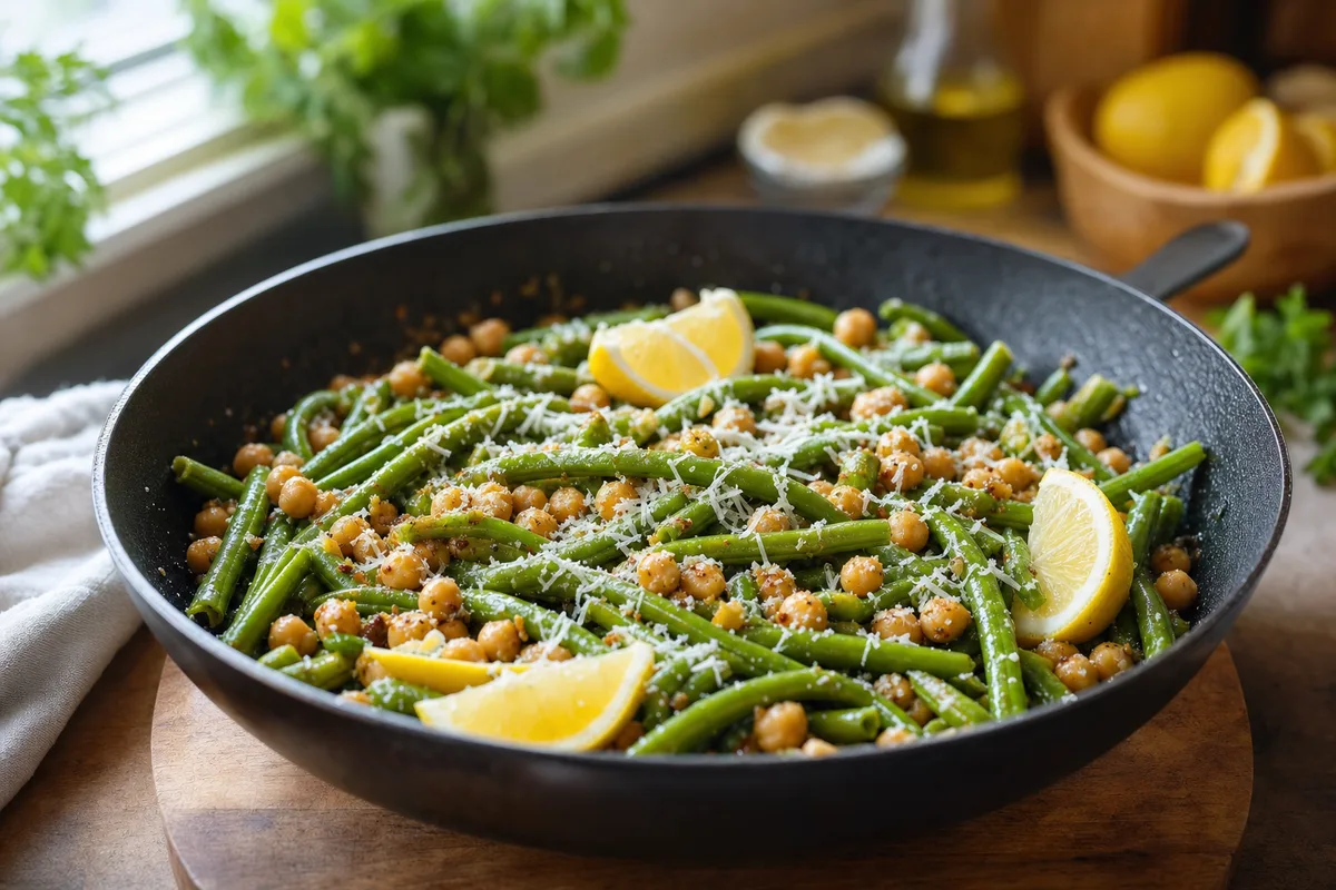 Skillet Lemon Garlic Green Beans and Chickpeas