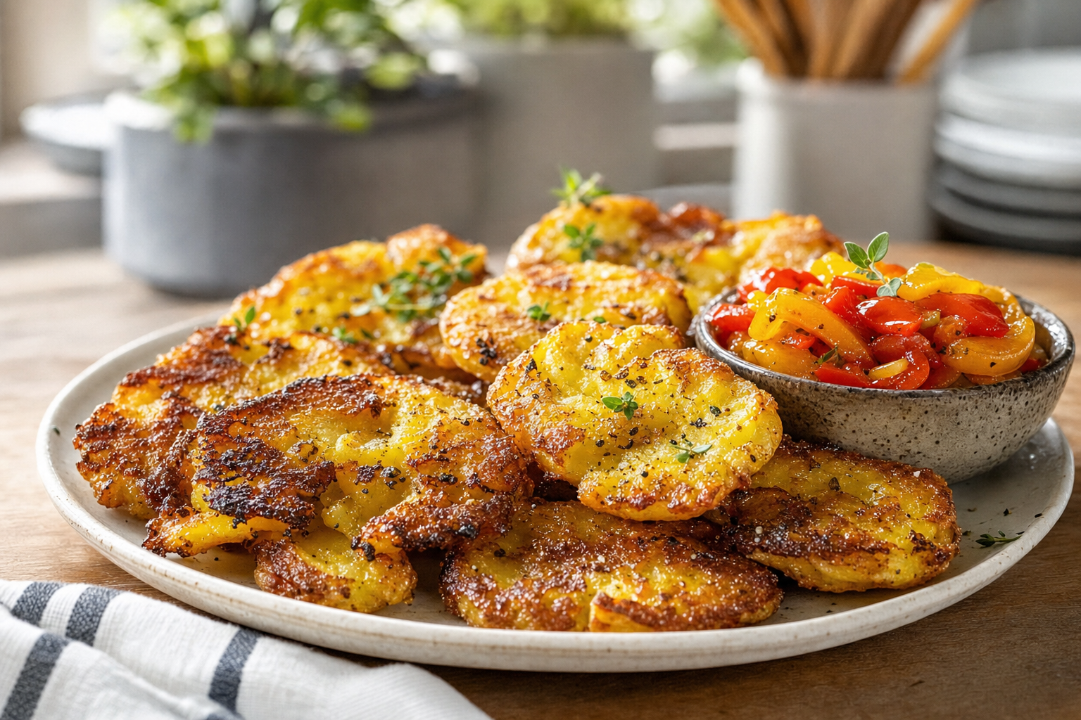 Smashed Potato Cakes with Pepper Relish