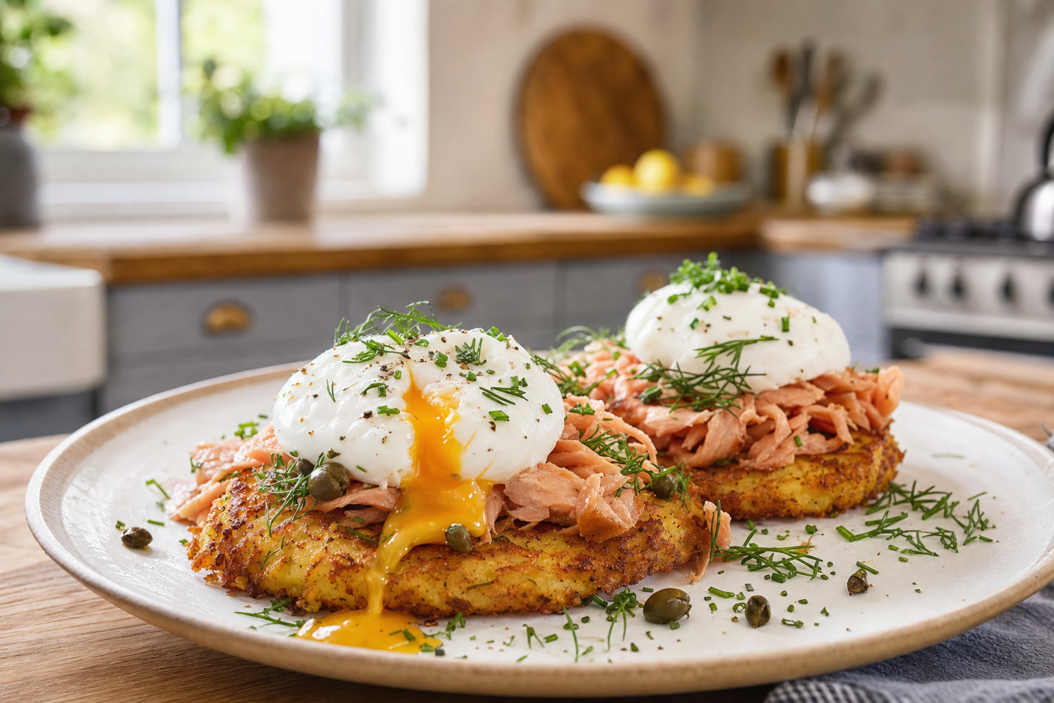 Smoked Trout Potato Cakes with Soft Eggs