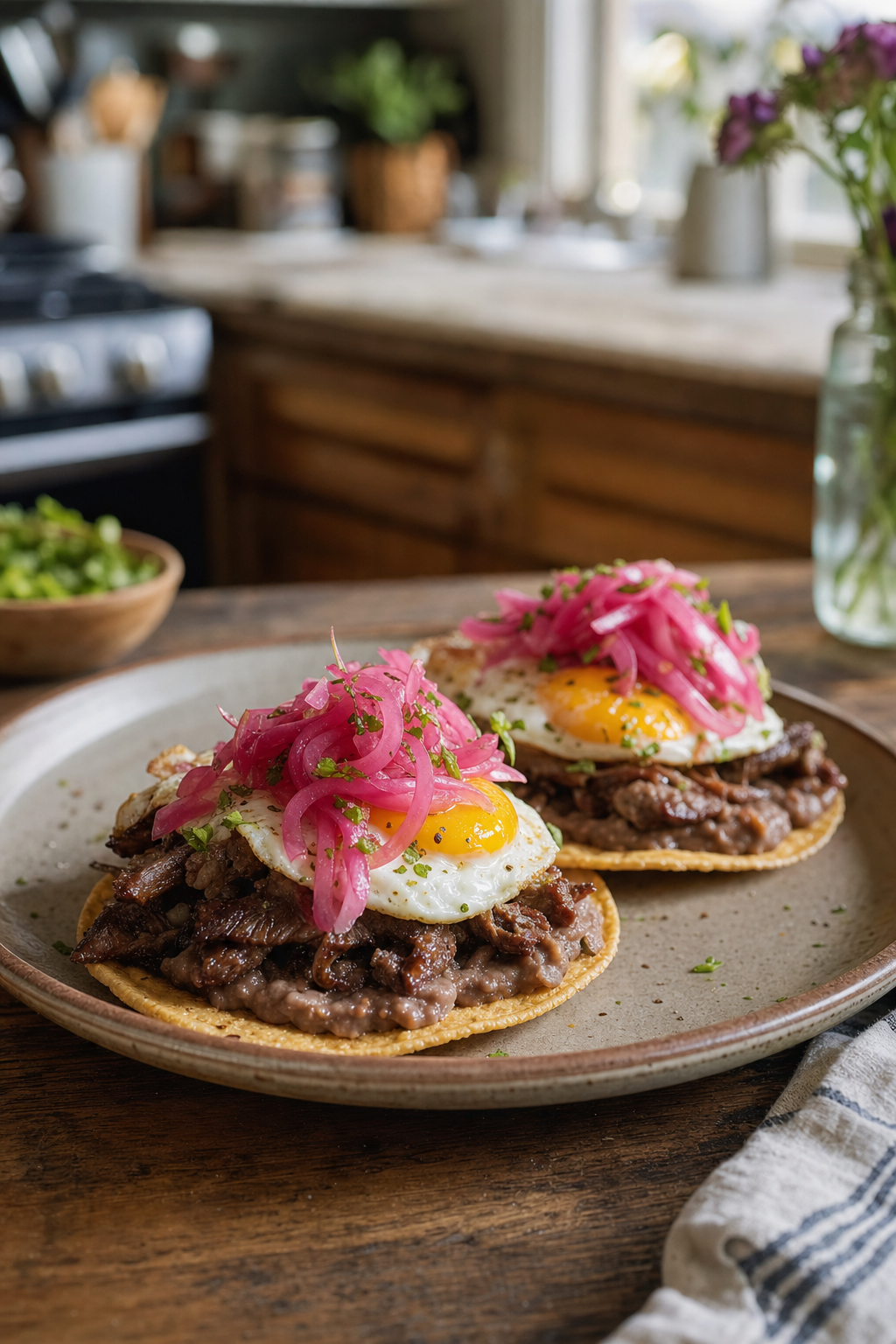 Smoky Beef Breakfast Tostadas with Pickled Onions