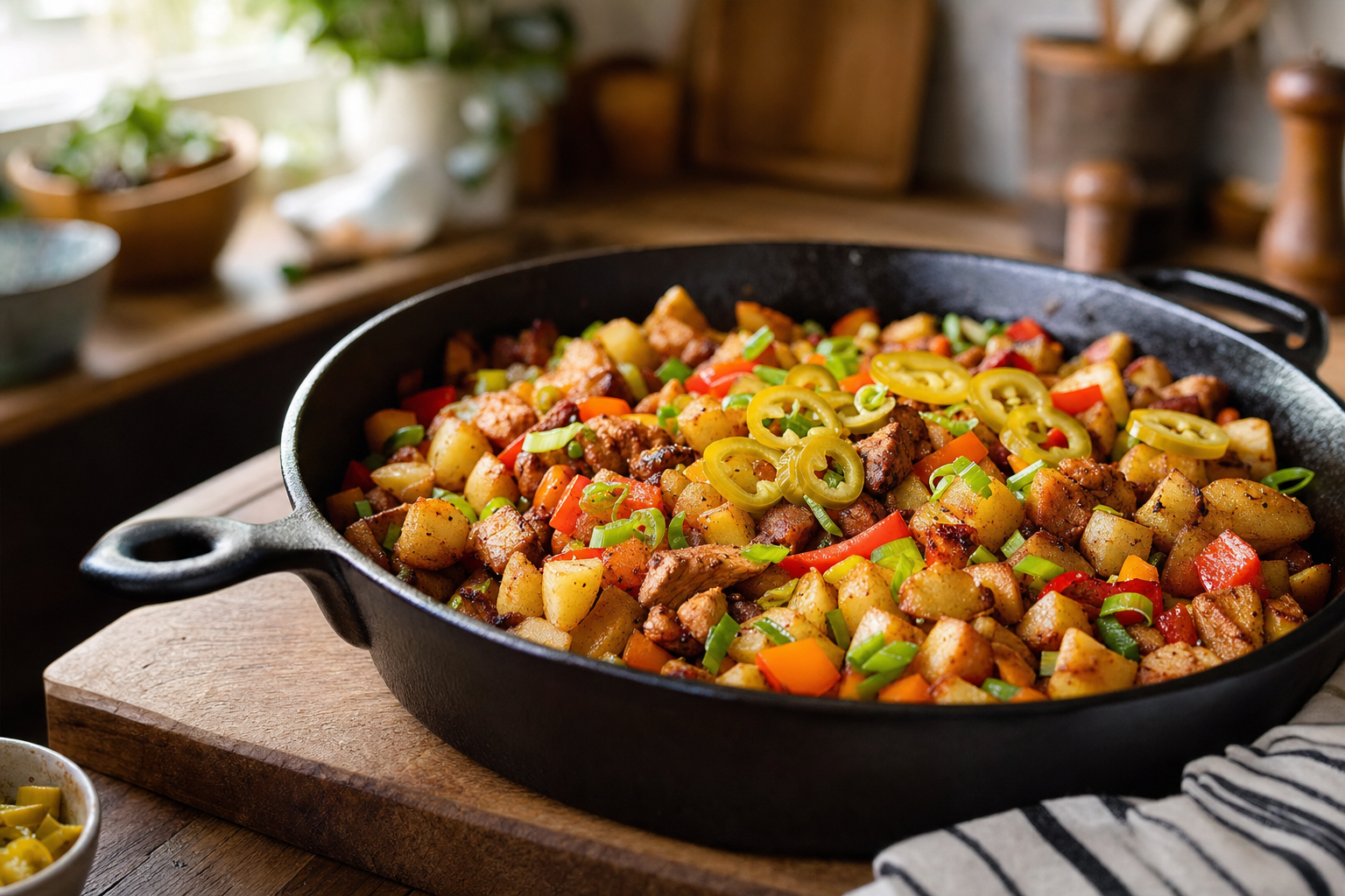 Smoky Chicken Potato Hash with Pickled Peppers