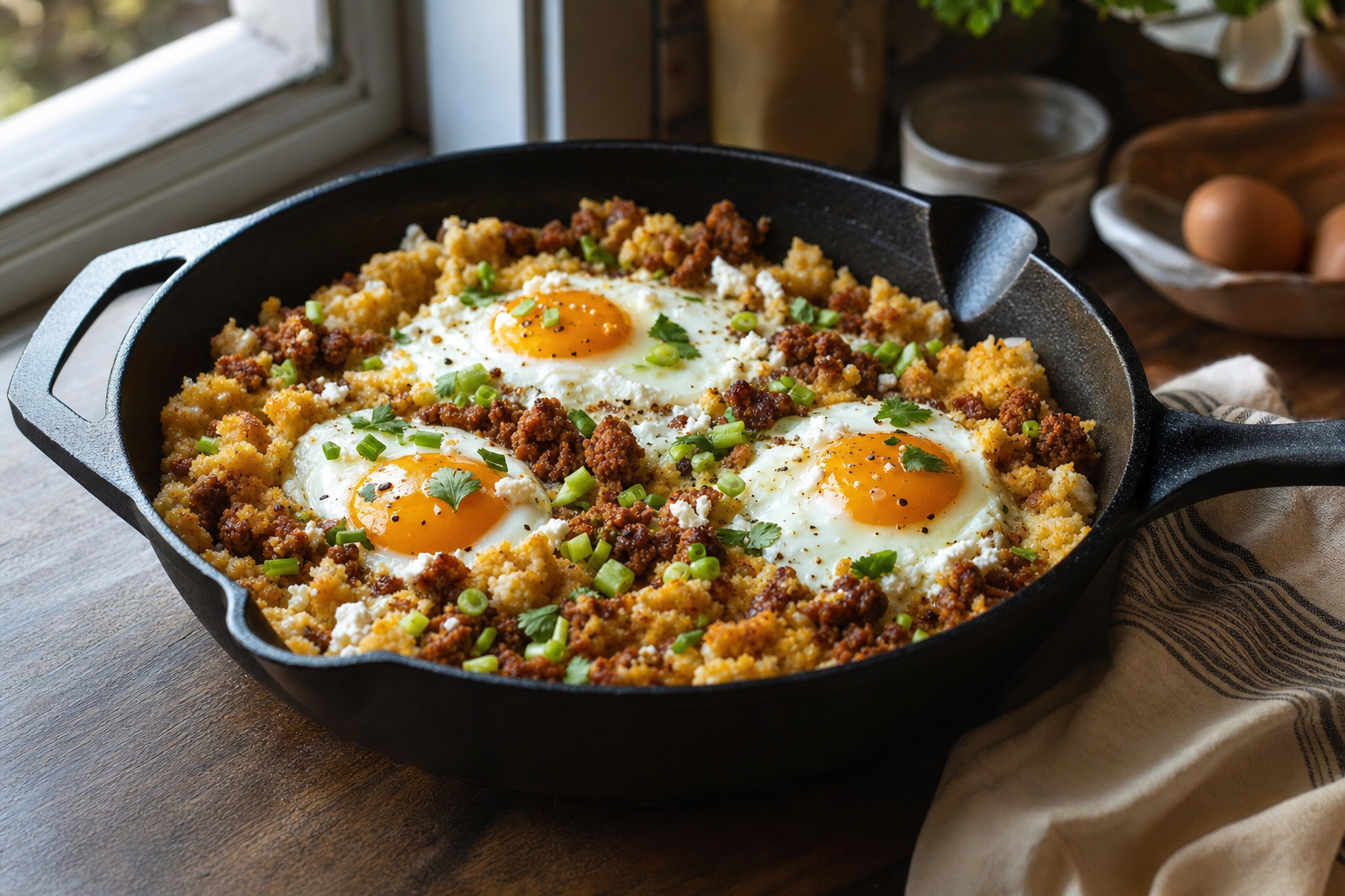 Smoky Chorizo Cornmeal Breakfast Skillet