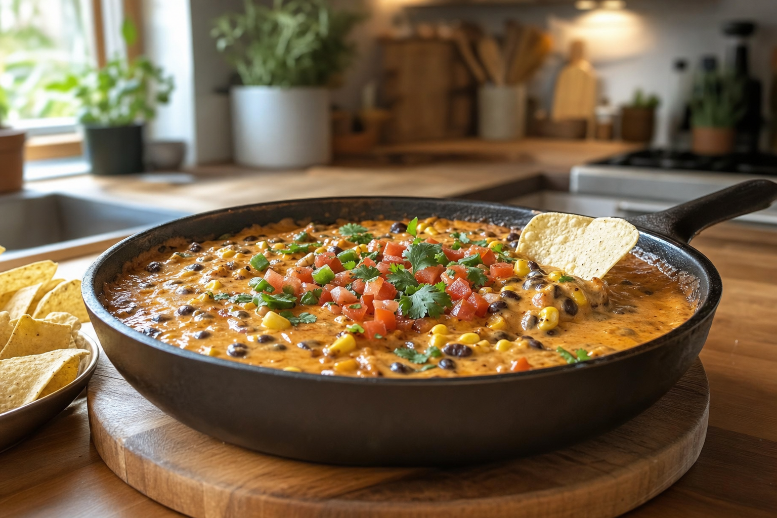 Smoky Corn and Black Bean Skillet Queso Dip