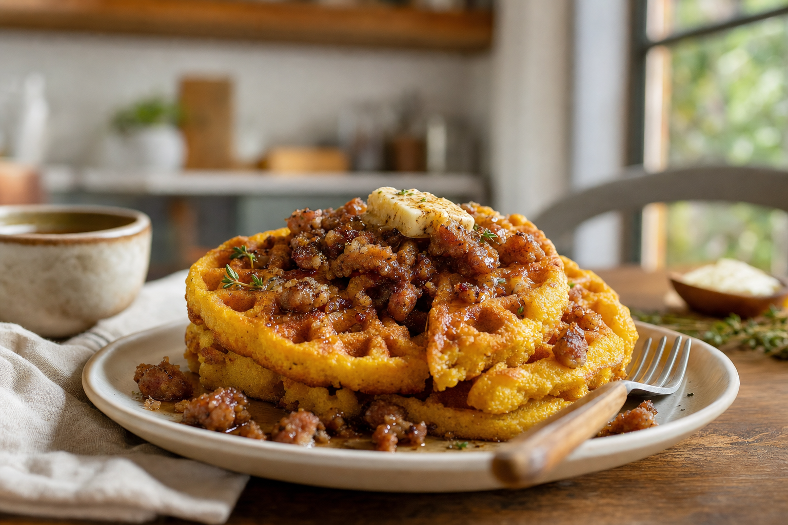 Smoky Maple Sausage Cornbread Waffles