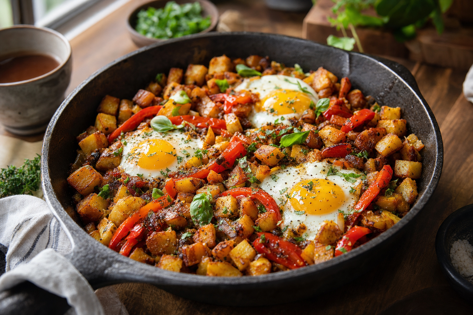 Smoky Potato Pepper Hash with Herby Eggs