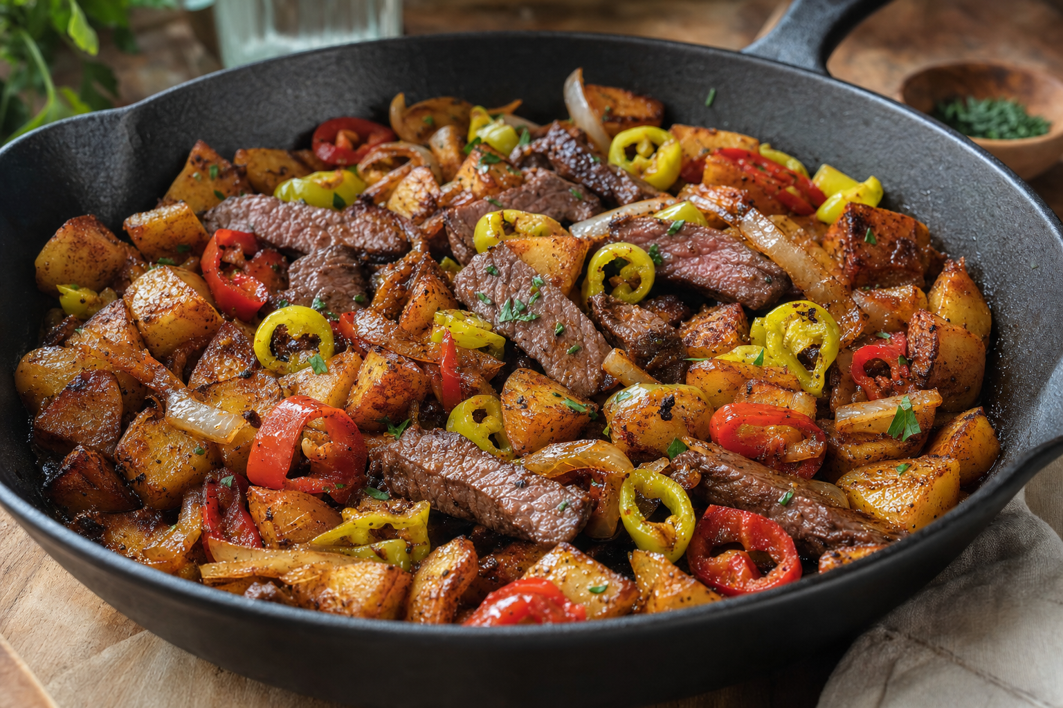 Smoky Steakhouse Potato Skillet with Pickled Peppers