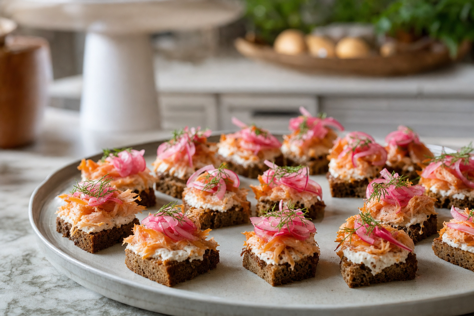 Smoky Trout Rye Bites with Pickled Onion