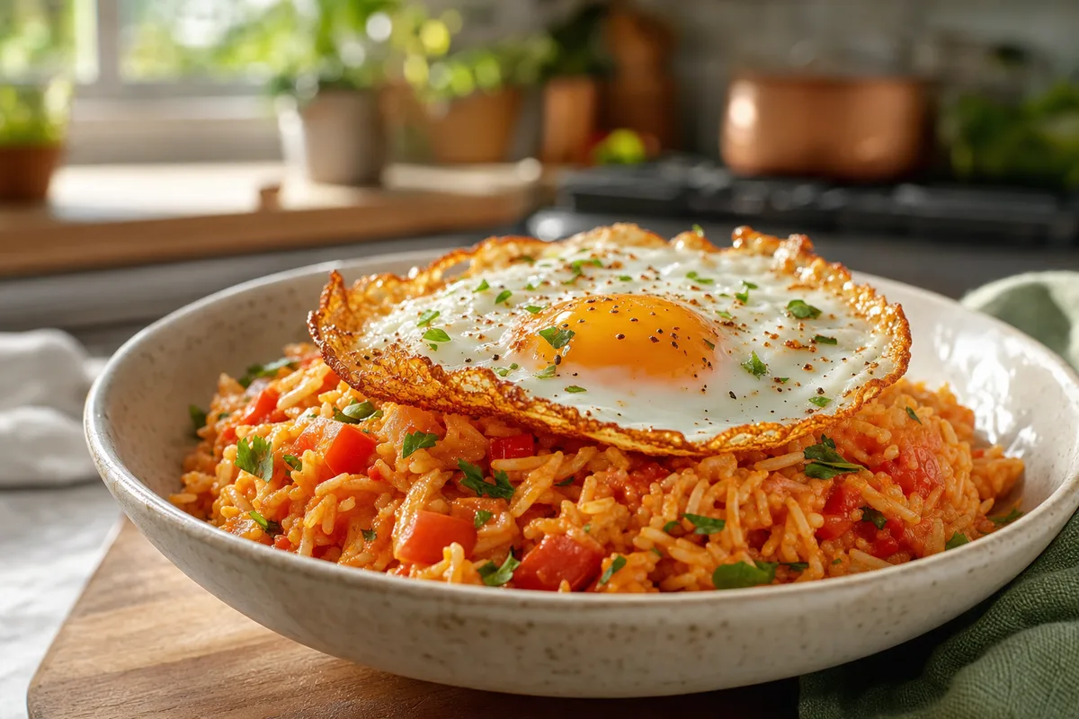 Spicy Tomato Coconut Rice with Crispy Egg