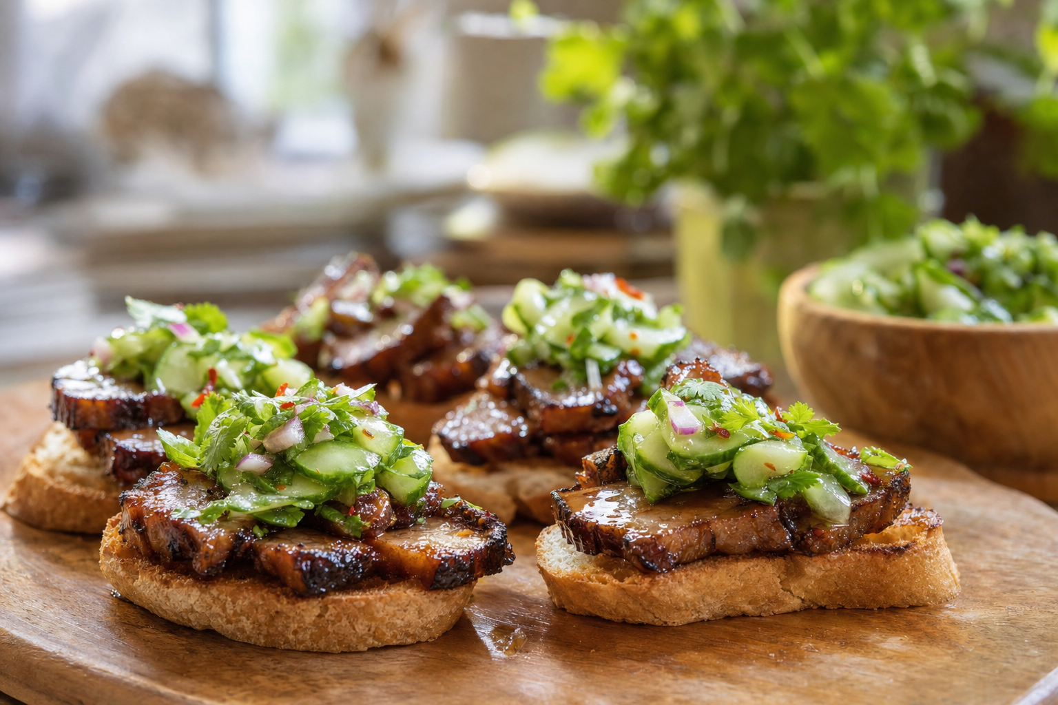 Tamarind Pork Toasts with Cucumber Relish