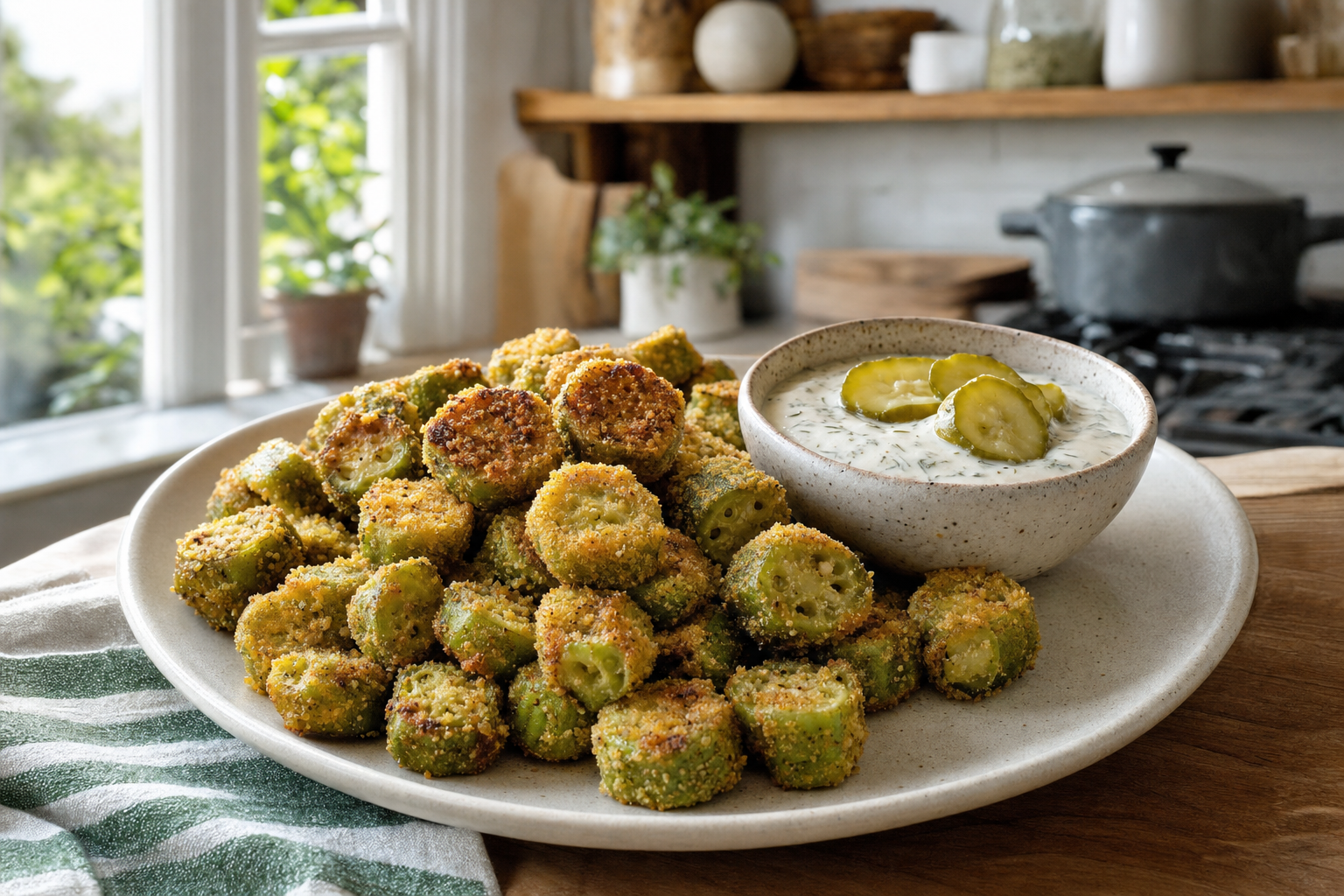 Theo's Cornmeal-Crunch Okra Coins with Dill Pickle Dip