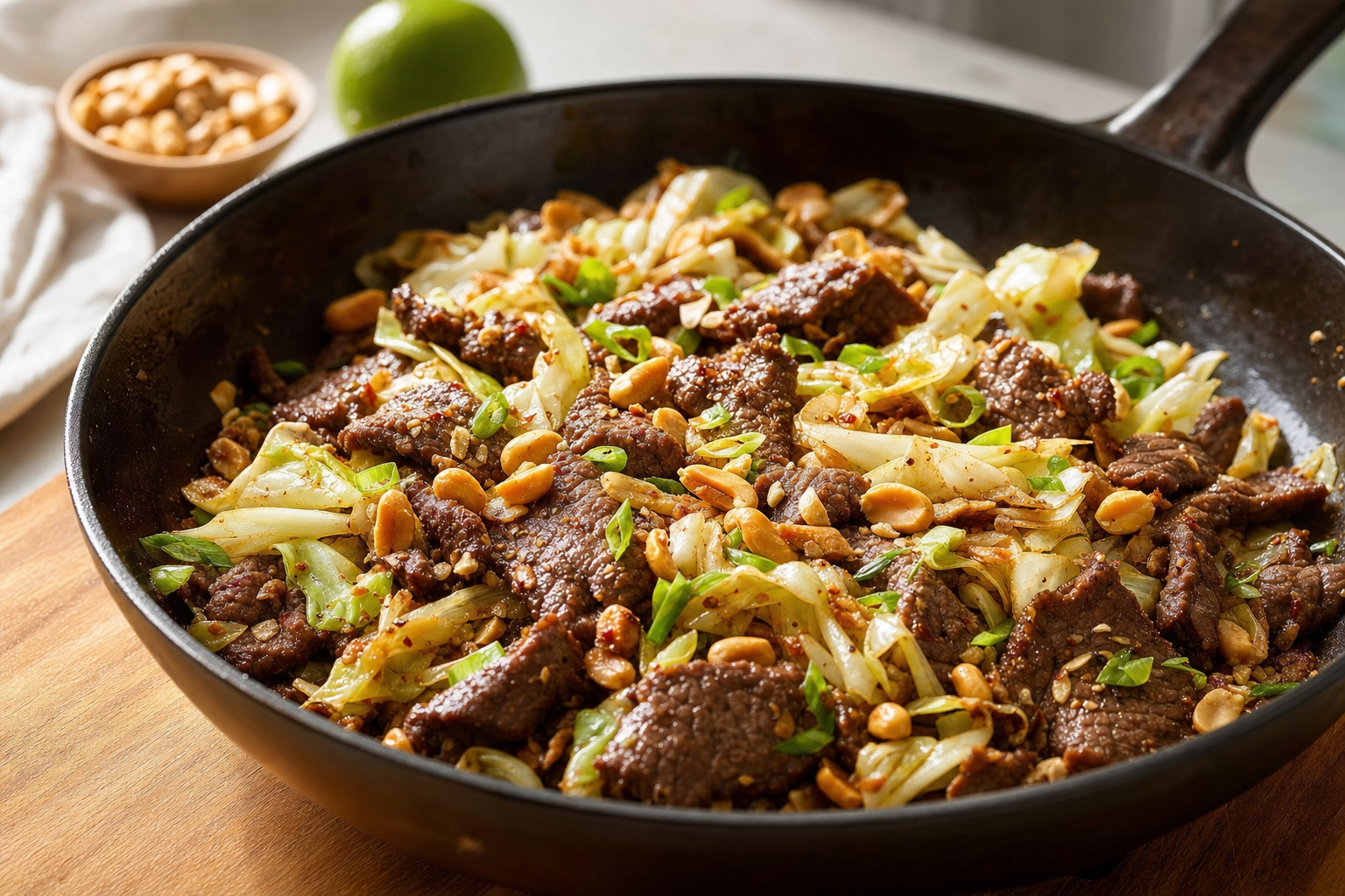 Ginger-Lime Beef and Cabbage Skillet with Toasted Peanuts