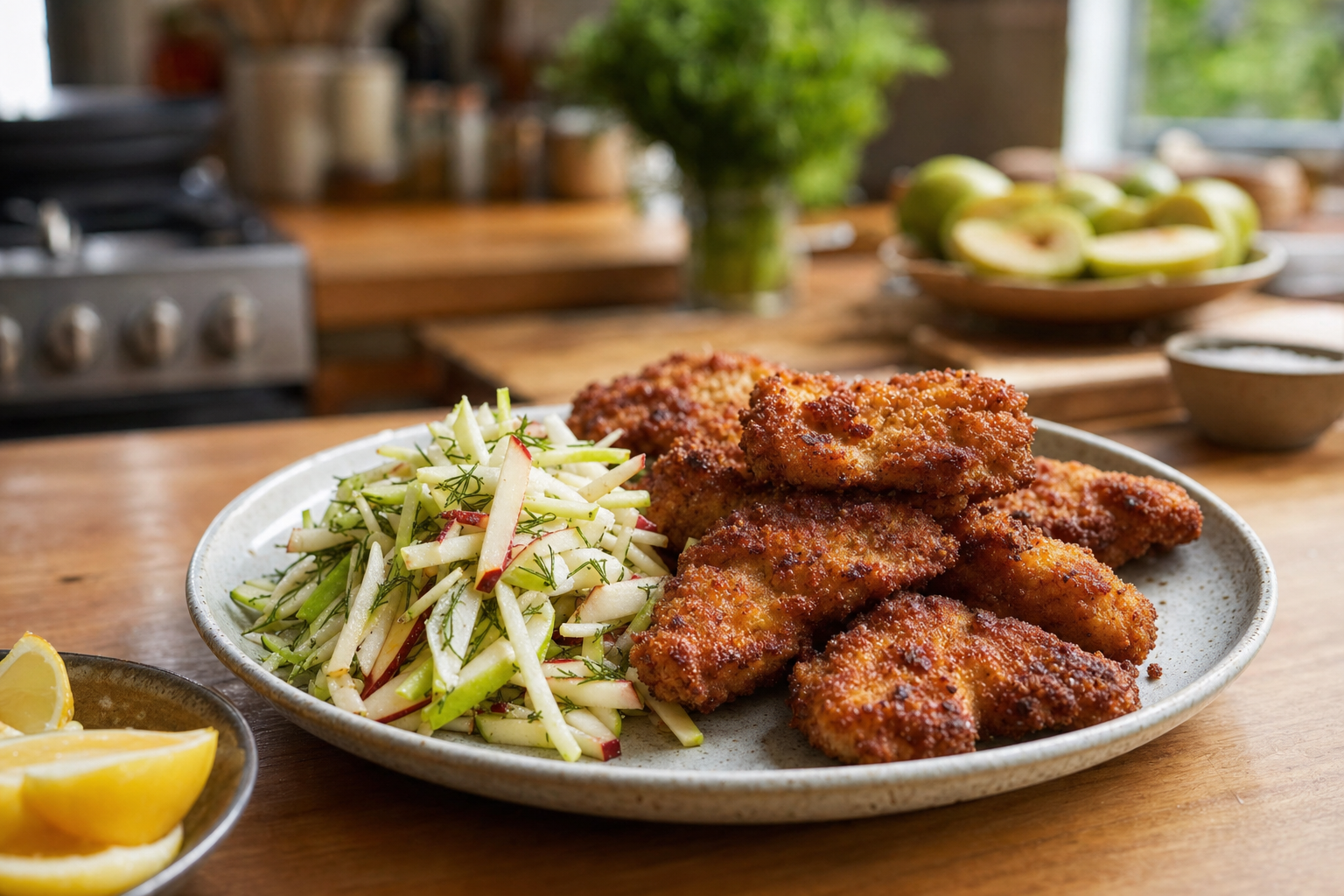 Theo's Pork Schnitzel Bites with Apple-Dill Slaw
