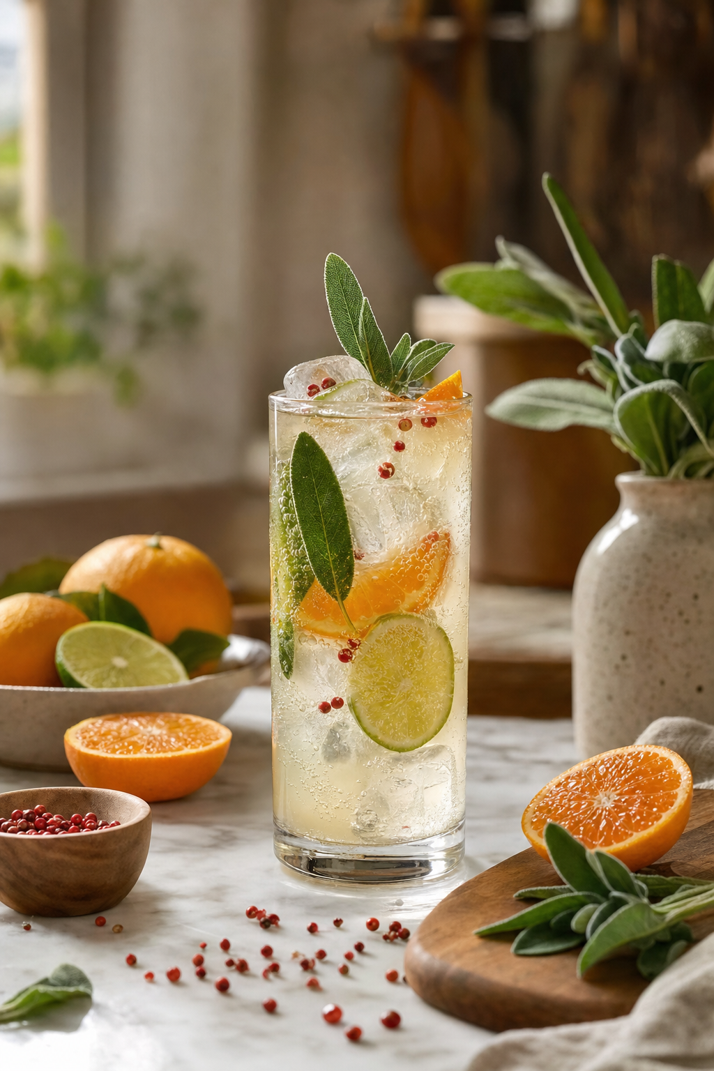 Theo's Satsuma Sage Gin Rickey with Pink Peppercorn