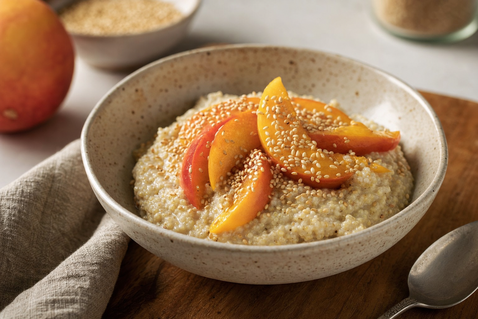 Toasted Sesame Millet Custard with Peaches