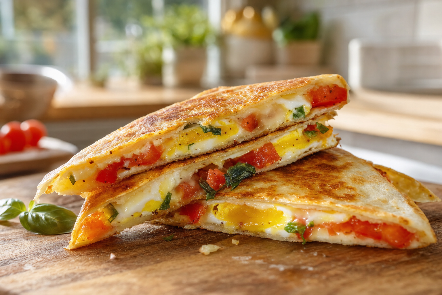 Tomato Basil Egg Quesadilla Wedges