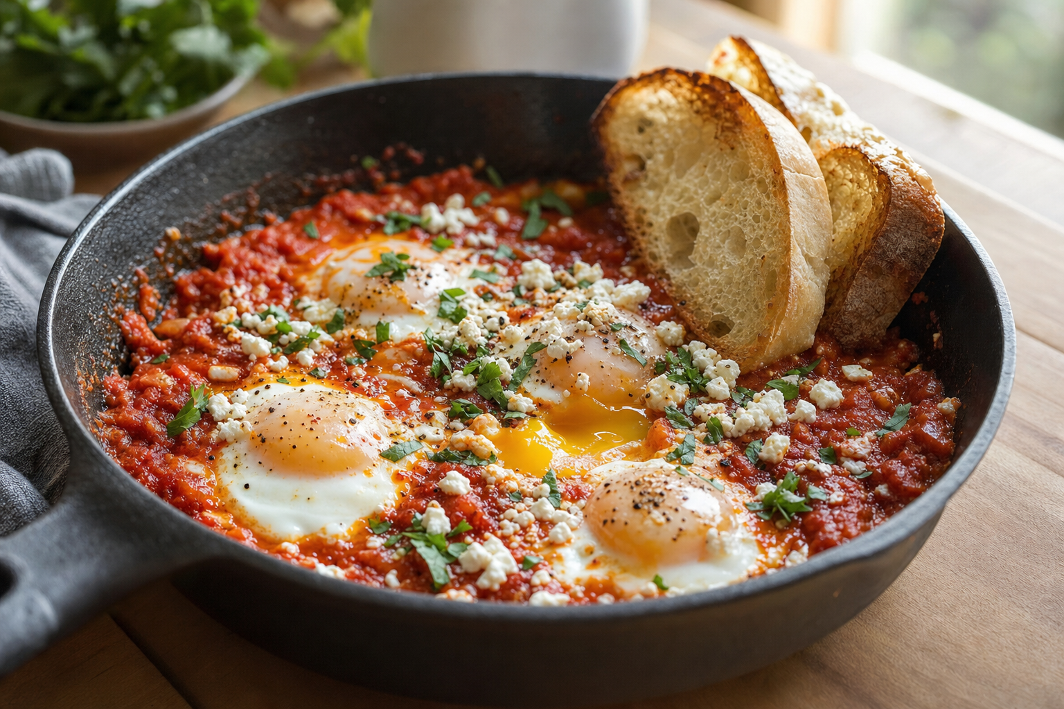 Tomato Harissa Eggs with Feta and Toast