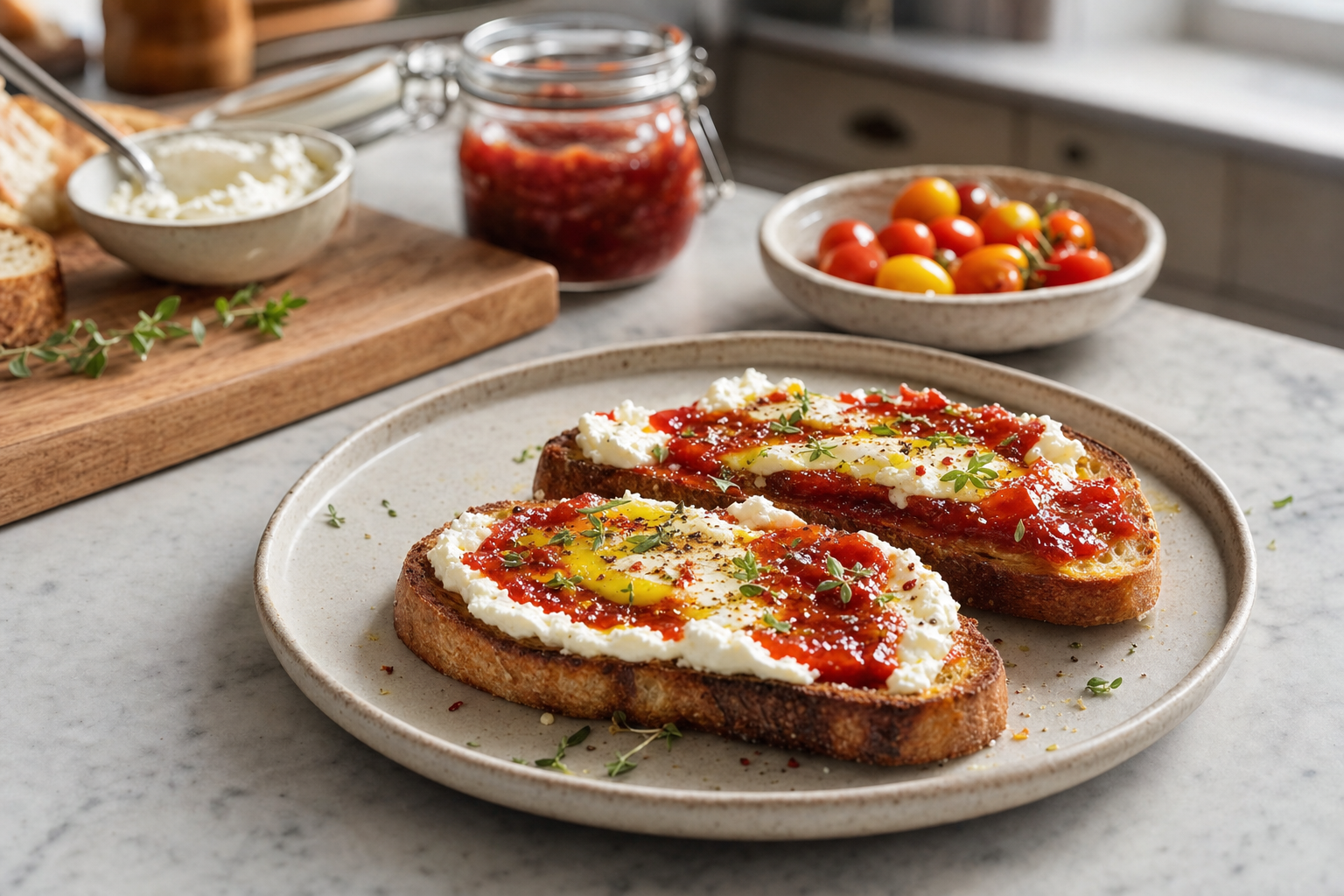 Tomato Jam Breakfast Toasts with Whipped Feta