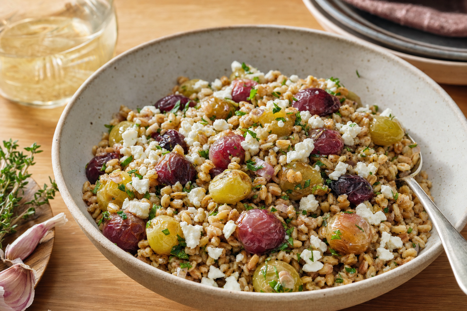 Warm Farro with Roasted Grapes and Feta