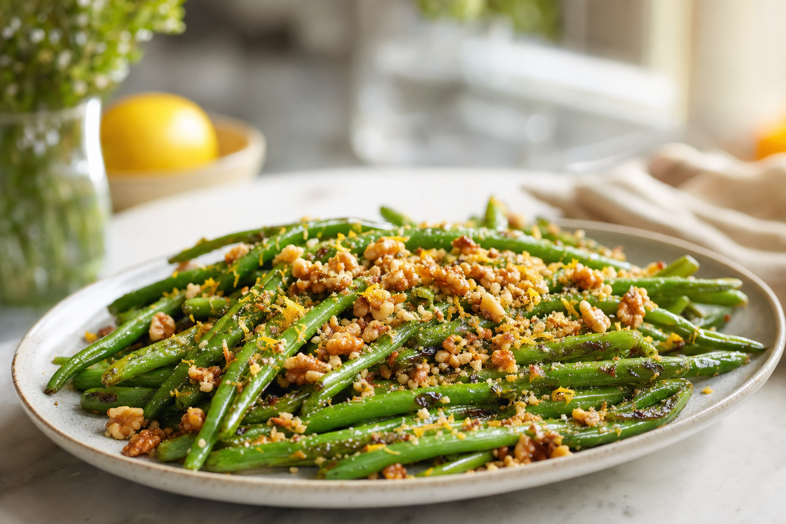 Warm Green Beans with Walnut Lemon Crumble